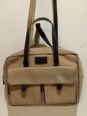 Lauren Ralph Lauren Vintage Canvas Leather Shoulder Satchel Tote Bag Beige Brown